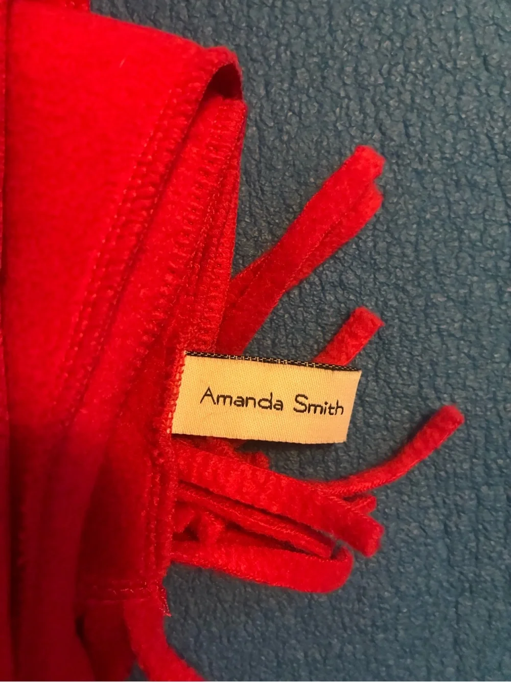 Amanda Smith Bright Red Fringe Scarf, Gloves, and Headband.